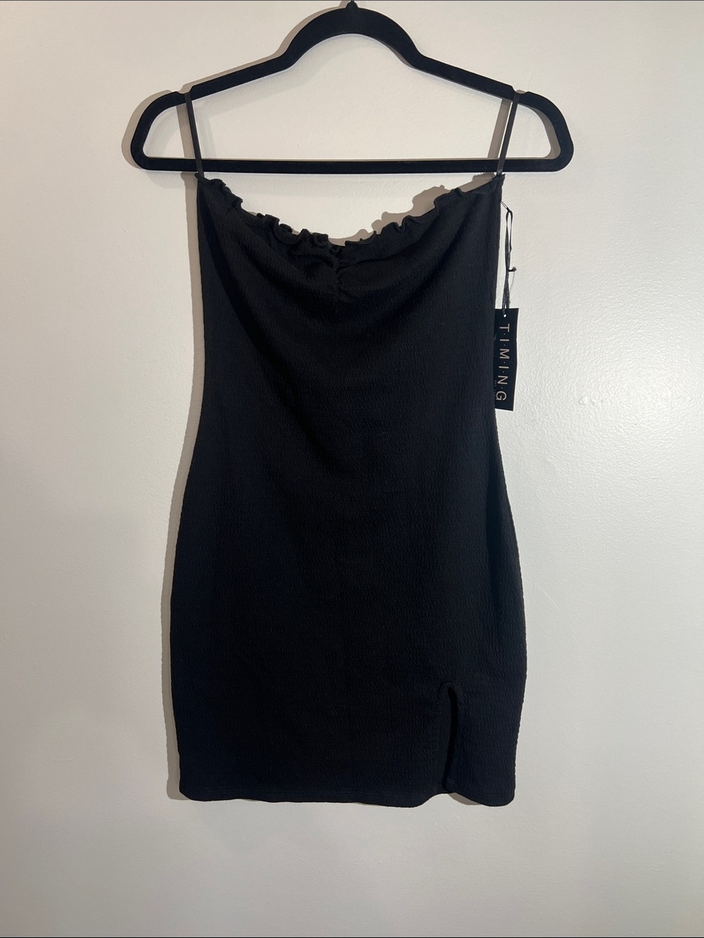 Timing Black Ribbed Strapless Mini with Ruffle Neck